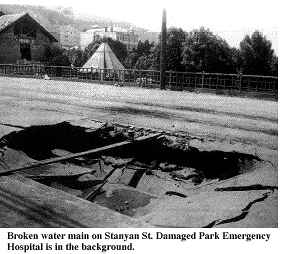 Photo of damage to Park Emergency Hospital, and sinkhole on Stanyan St.