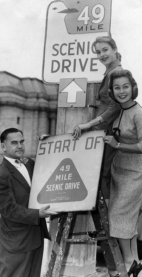 Signs designating 49-Mile Drive as seen in the 1958