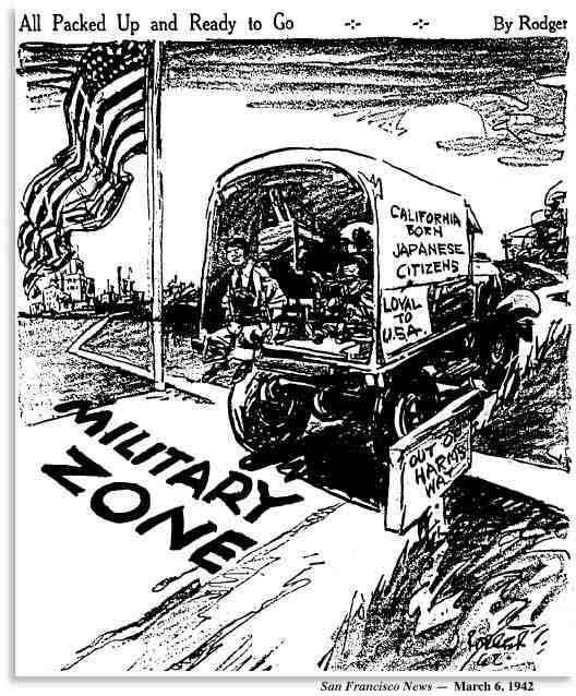 Editorial cartoon in the San Francisco News shows California-born Japanese citizens on back of Army truck as they go to internment camp.