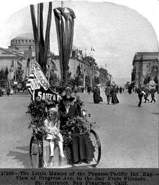 Mascot of the 1915 Fair seen on the Avenue of Progress