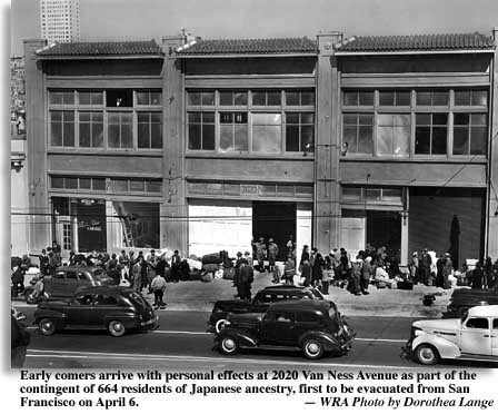 Photo of building at 2020 Van Ness Ave., San Francisco, where Japanese intereees were transported to camps. Photo by Dorothea Lange
