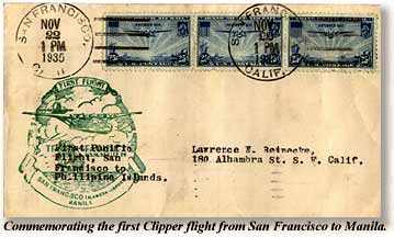 First-day air mail stamp cover to commemorate inauguration of San Francisco-Manila service. From the holdings of the Museum.