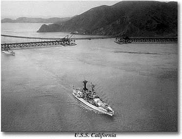 U.S.S. California  passes under Golden Gate Bridge - 1936